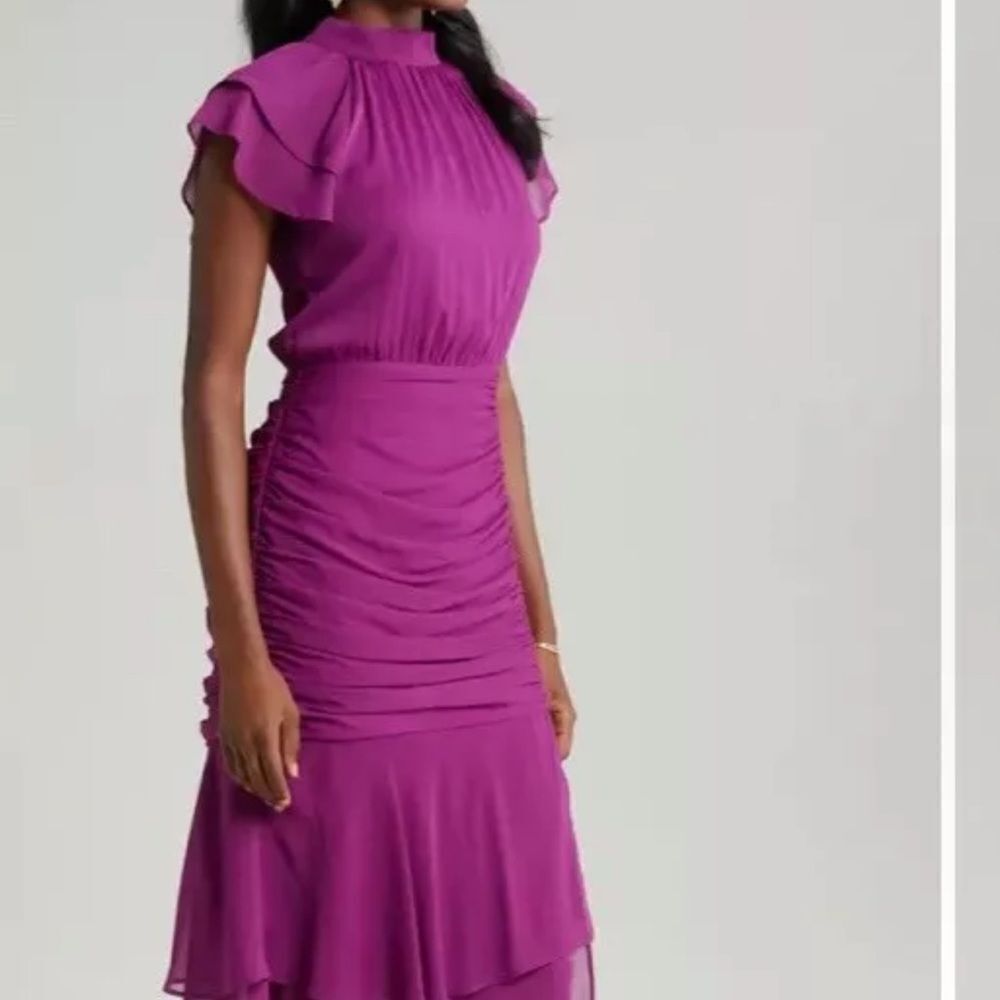 Mila Mae Plum Ruched Chiffon Maxi Dress Flutter Sleeves Lined Flowy Dress-EE9